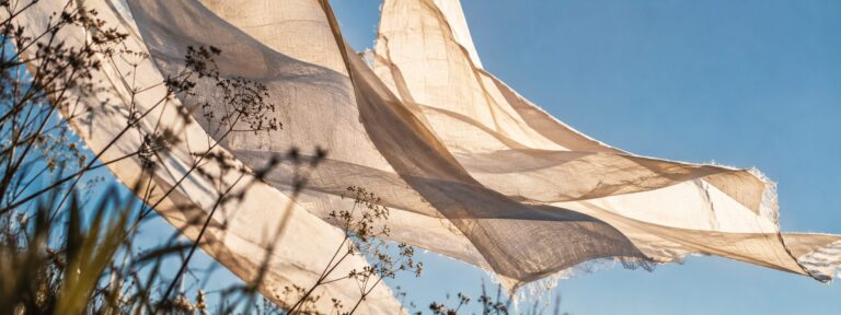 Lichte, doorschijnende doeken wapperen in de wind tegen een blauwe lucht, met op de voorgrond donkere silhouetten van schermbloemen en grassen.